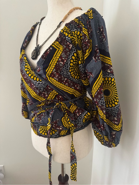 Unbranded Tops - Vintage African Wax Print Wrap Top Puff Sleeve Boho Blouse